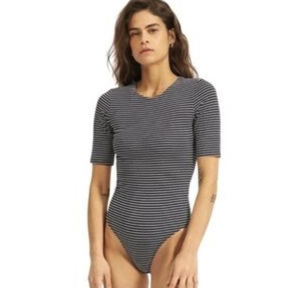Everlane Stretchy Black and White Striped Short Sleeve Bodysuit - Size - XS